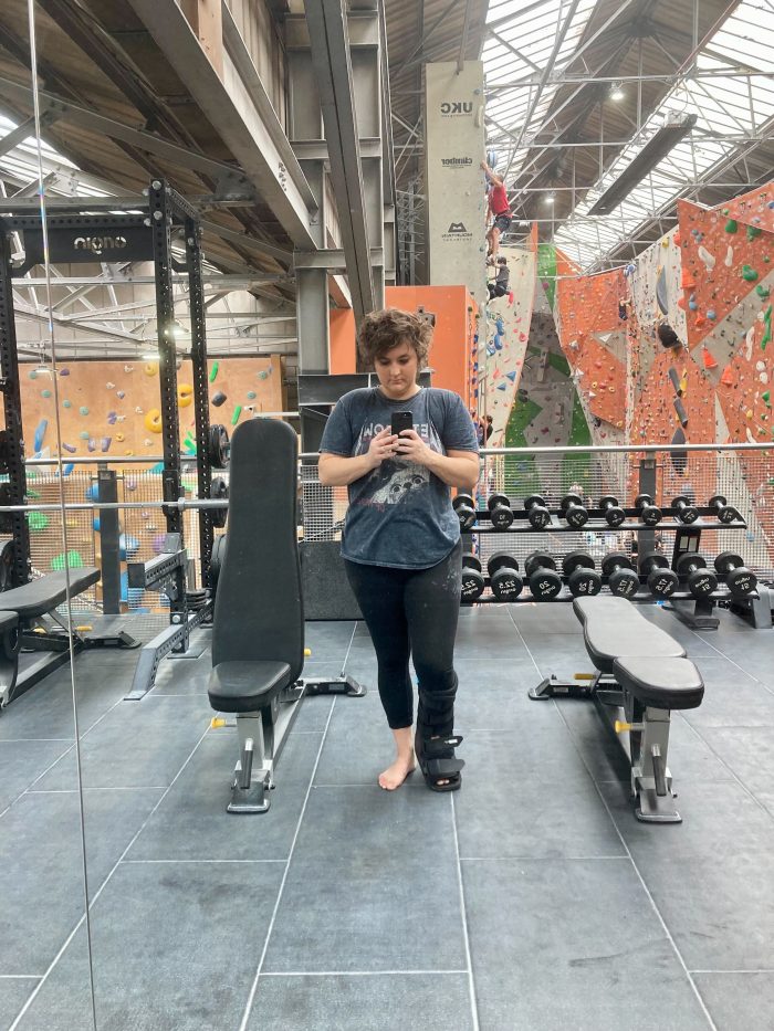 Clara after her ankle injury, getting back into training in the gym at Parthian Climbing Reading.