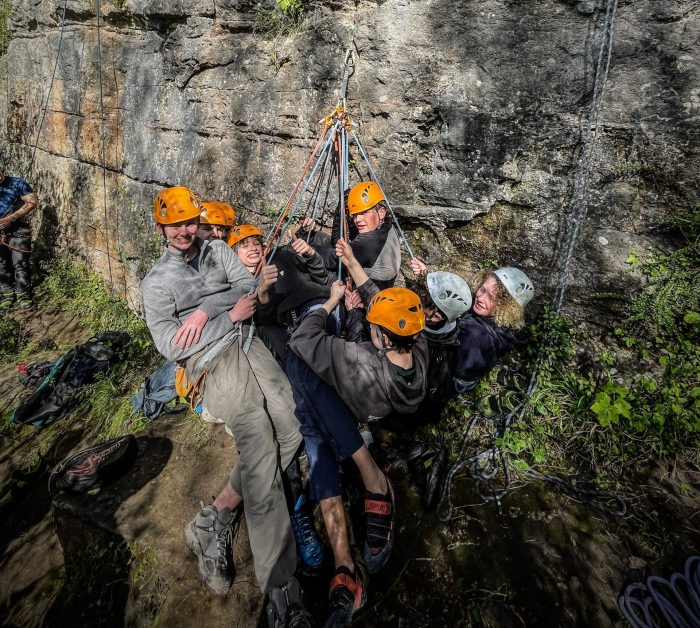 Parthian kids hanging out at the crag and testing that crucial gear placement.